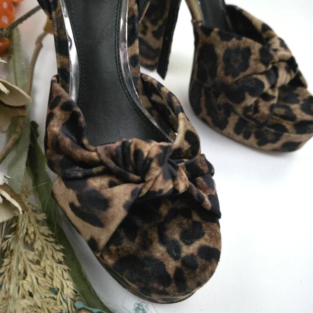 PAIGE Leopard Print Knot Front Platform Sandals - Brown Sz 8m - Picture 4 of 10